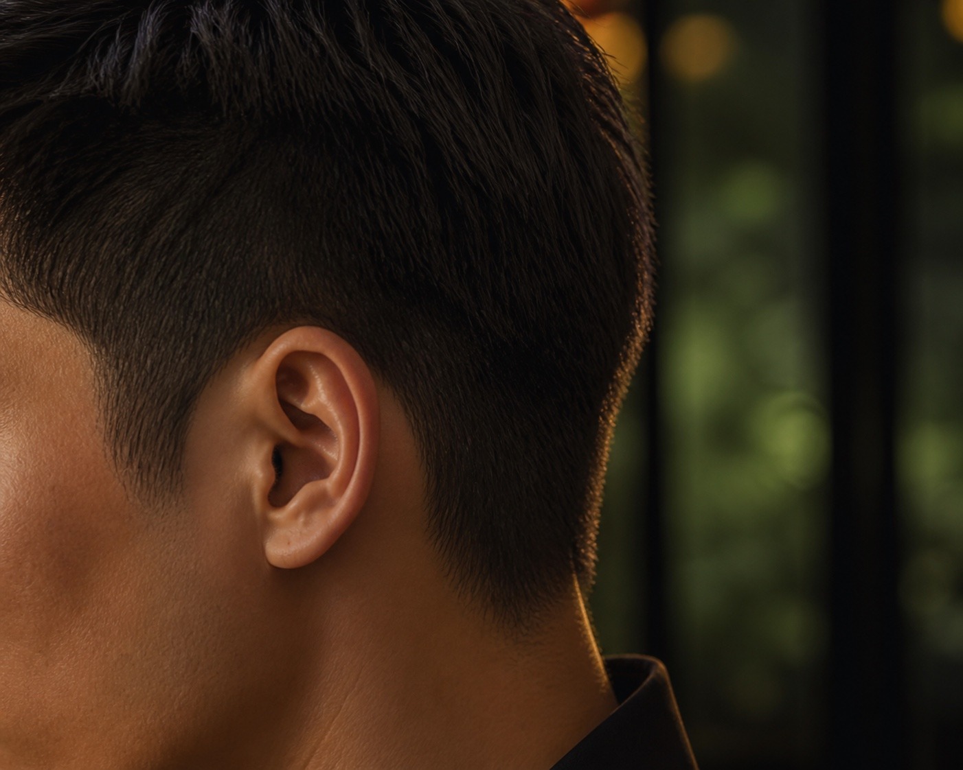 Close side profile of a man's hair lying flat above the ear after a down perm at MANE Hair Experience, Singapore