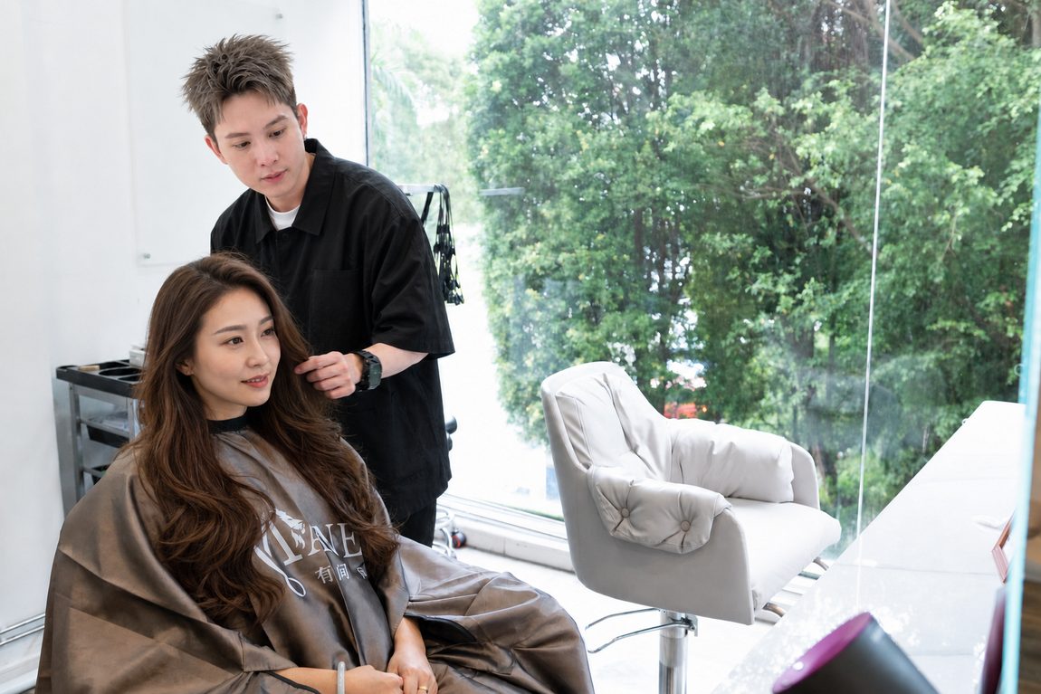 A stylist with a client, and the second seat empty