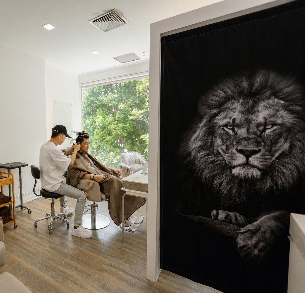 The room at MANE — the chair, the window and the lion